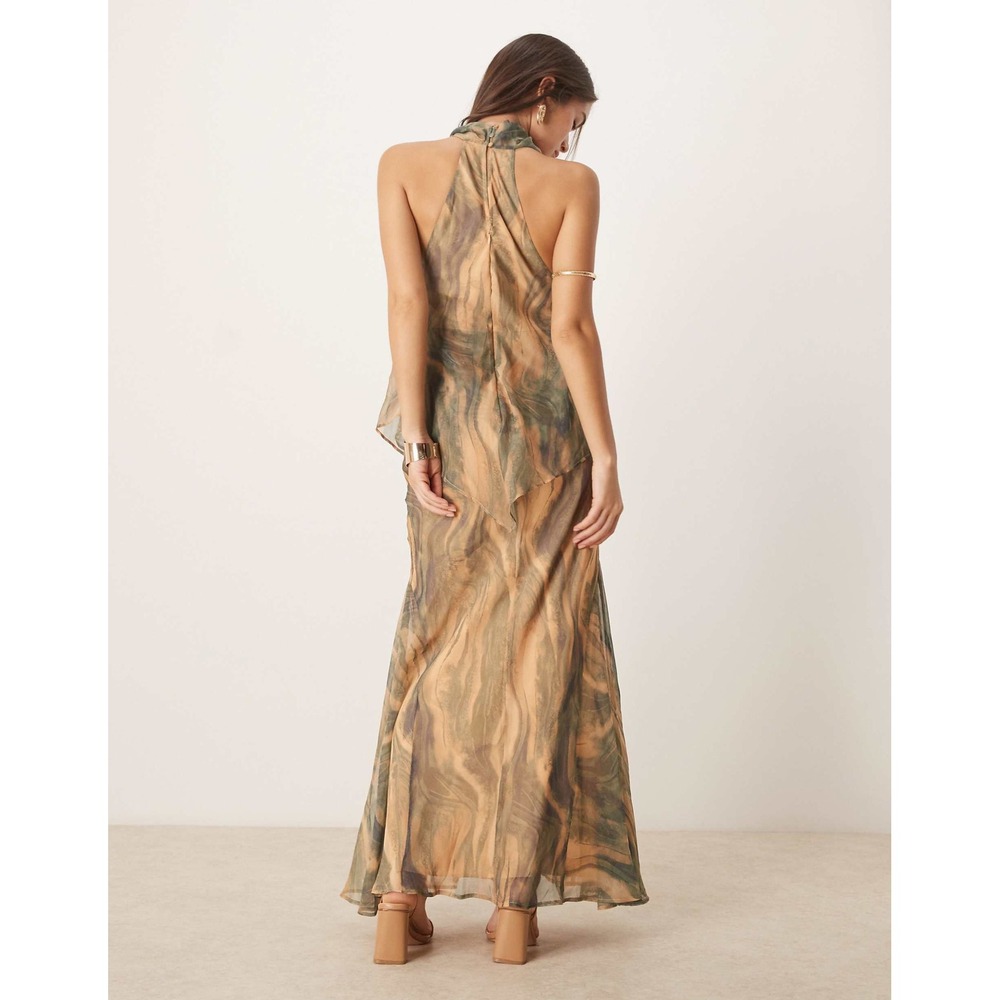 ASOS Chiffon High Neck Double Layer Maxi Dress Marbled Brown Fairy whimsical 12 - Picture 2 of 11